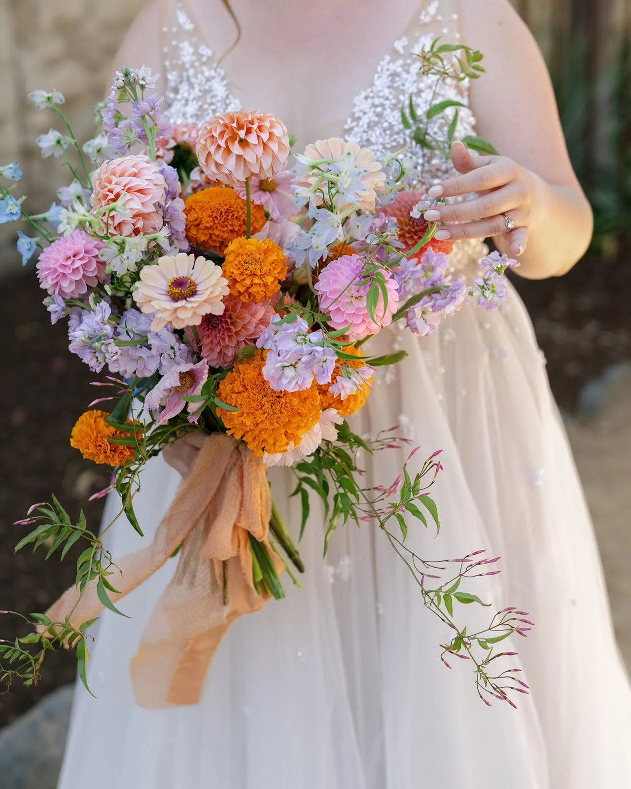 Colorful, color-forward bridal bouquet