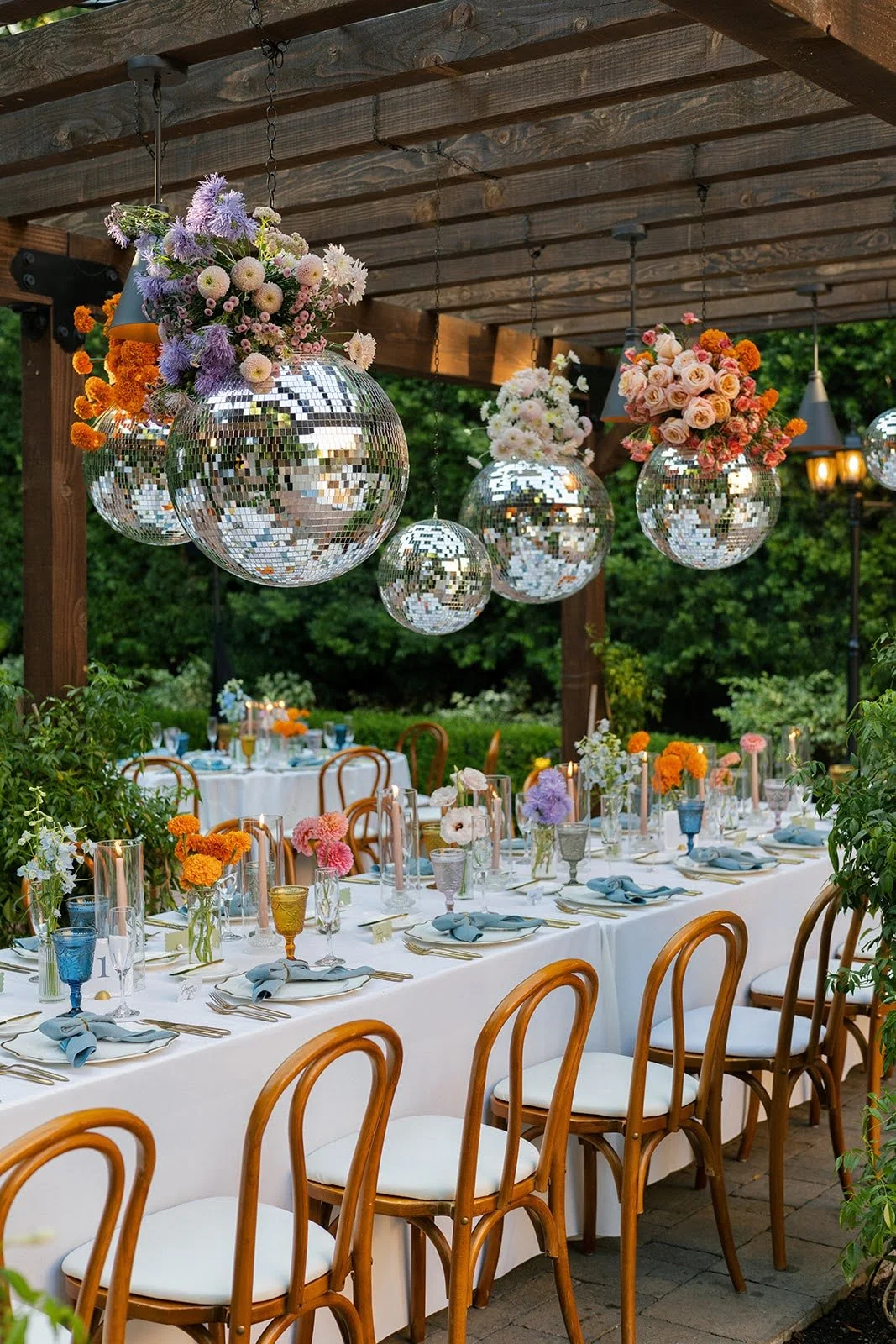 Disco-ball and flowers installation detail