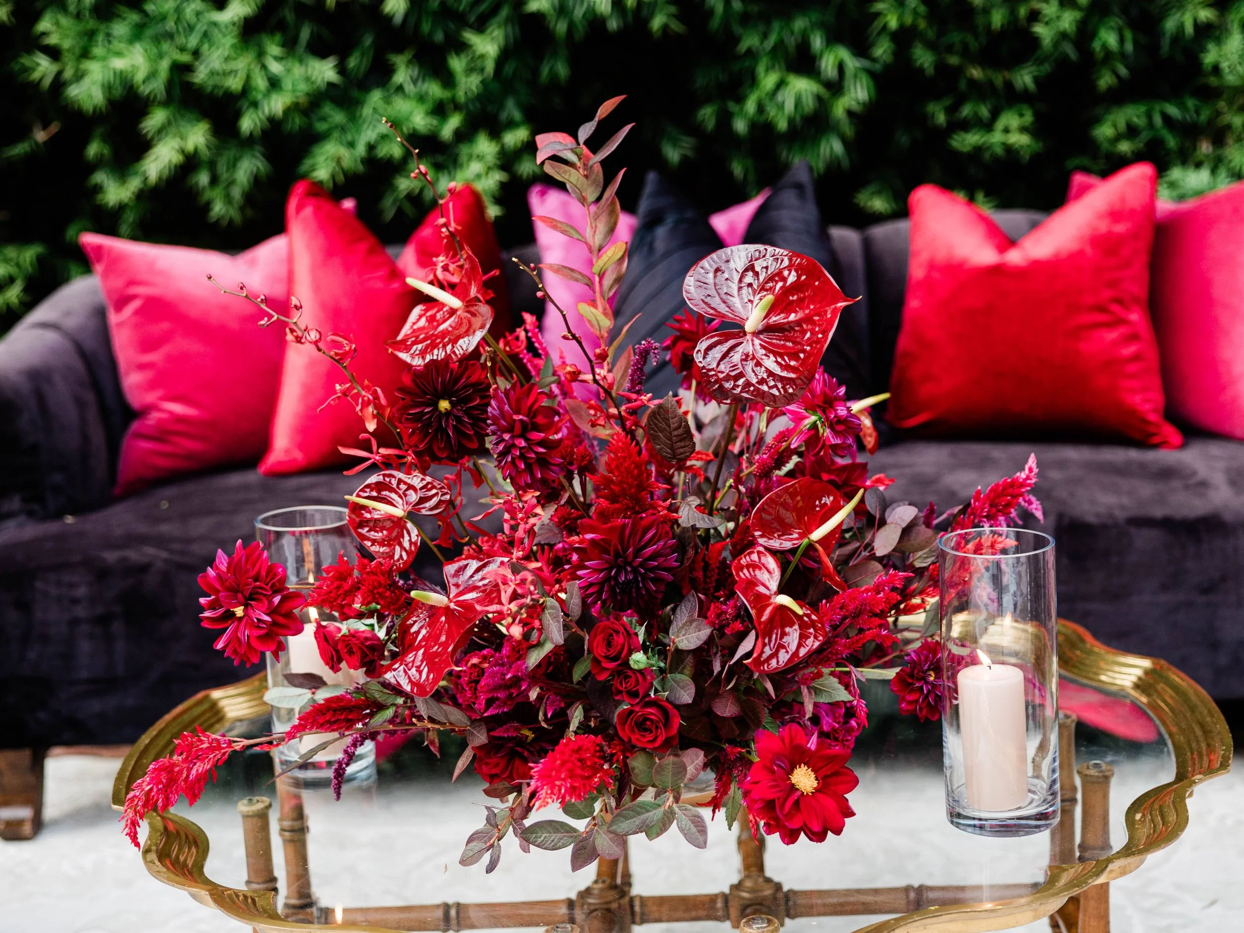 Bold burgundy and red floral arrangement